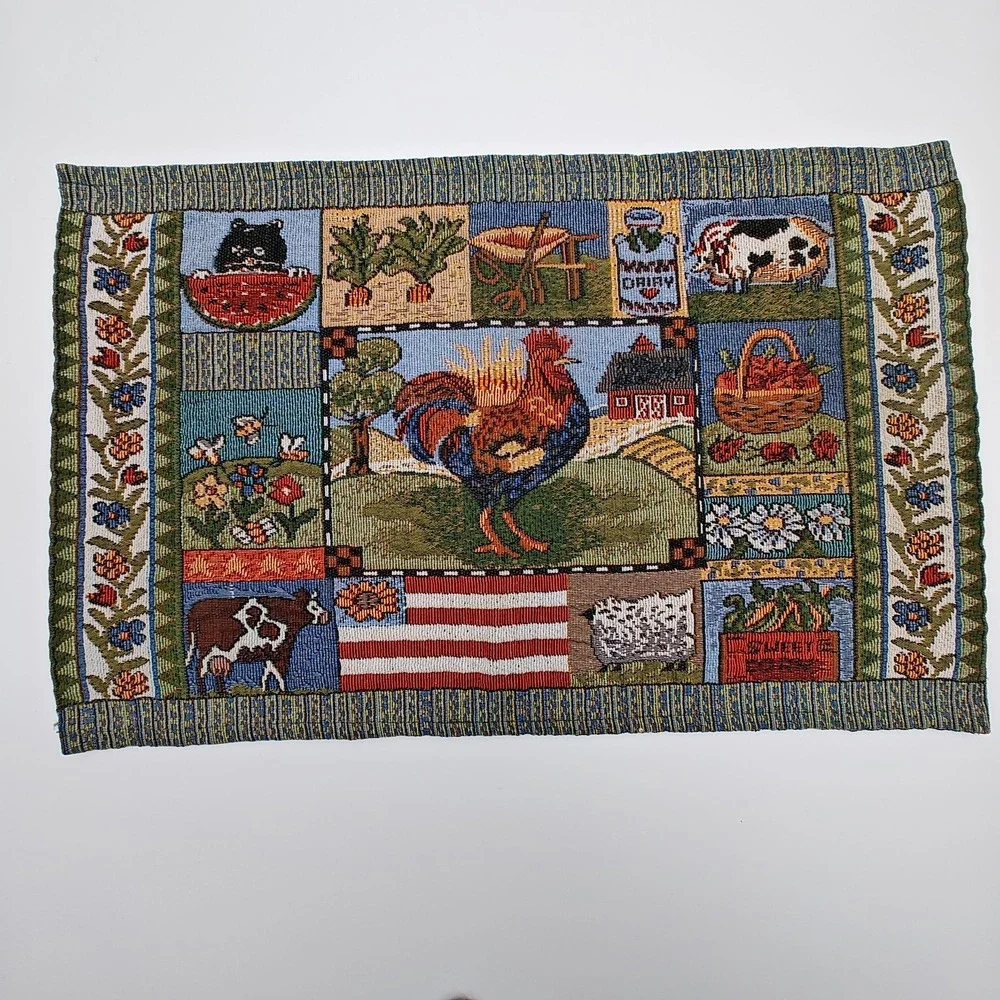 Set of 7 Vintage Farmhouse Rooster Tapestry Placemats Country Kitchen Woven‎